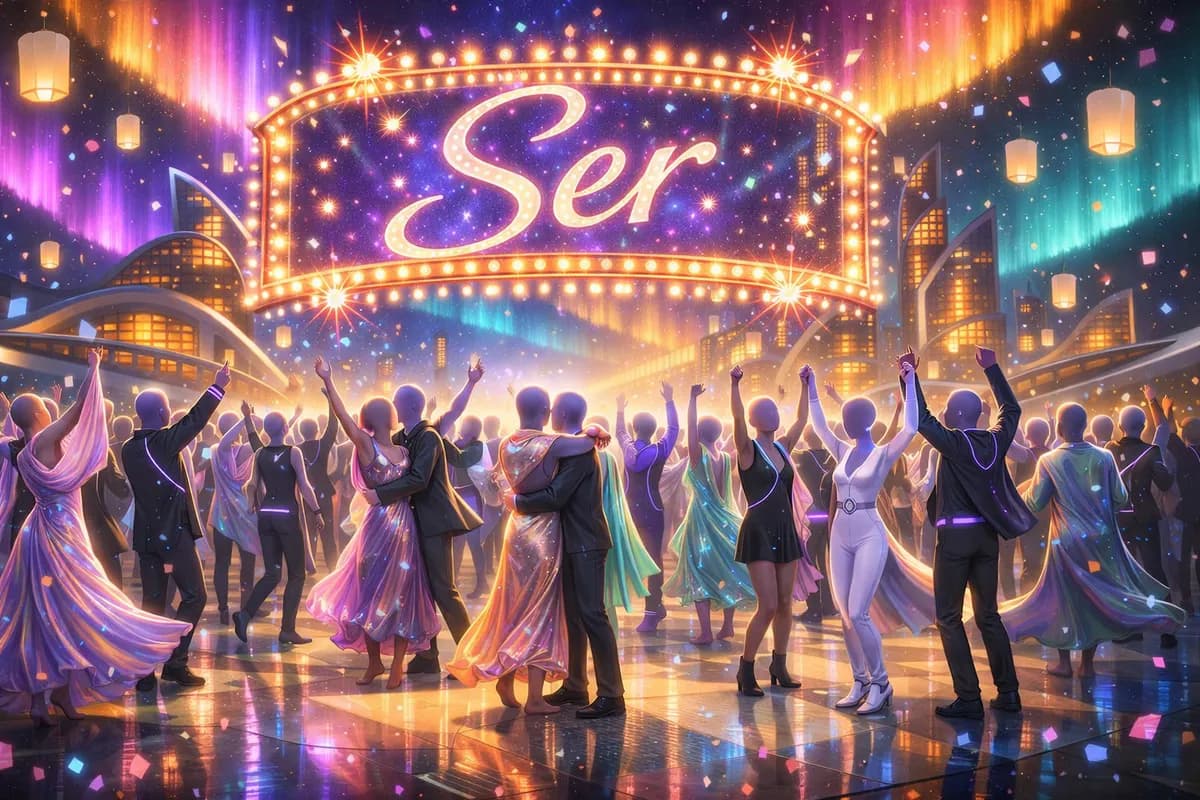 Dutzende diverse Menschen tanzen und feiern auf einem futuristischen Platz unter einer Aurora Borealis in Violett, Pink und Cyan – ein holographisches Banner zeigt Ser