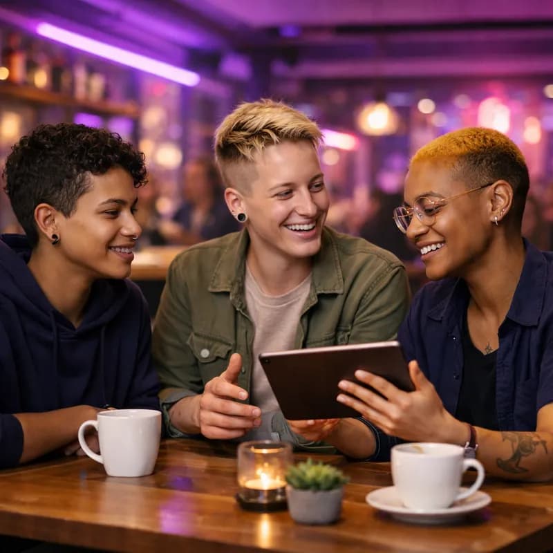 Drei diverse Menschen lachen zusammen in einem Café mit lila Beleuchtung und schauen auf ein Tablet
