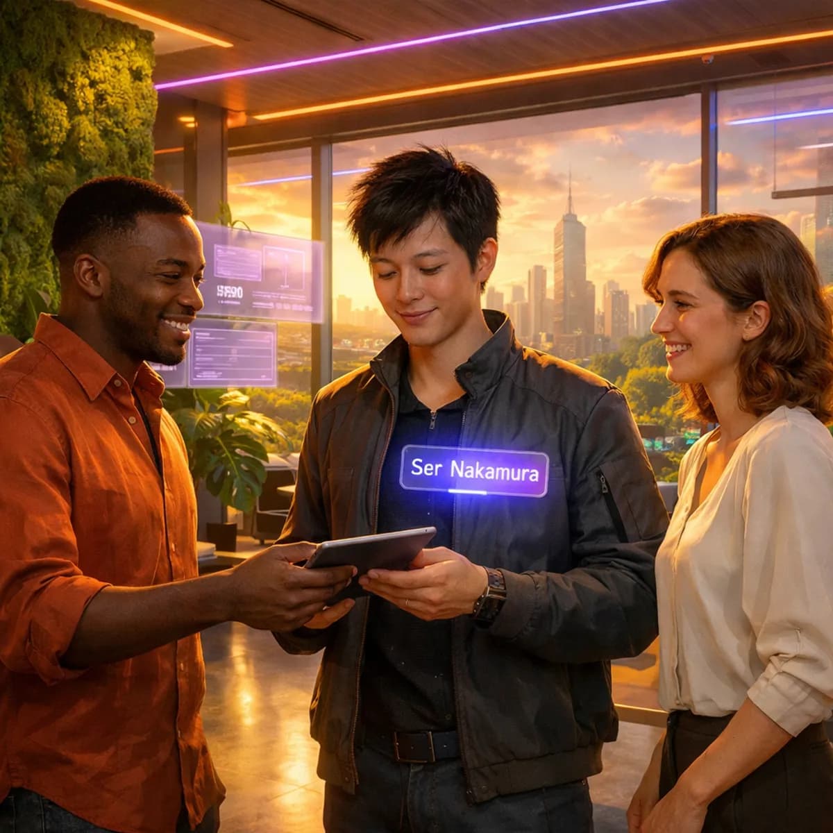 Drei diverse Kolleg*innen in einem futuristischen Büro mit Mooswänden und Sonnenlicht – einer trägt ein holographisches Namensschild mit Ser Nakamura